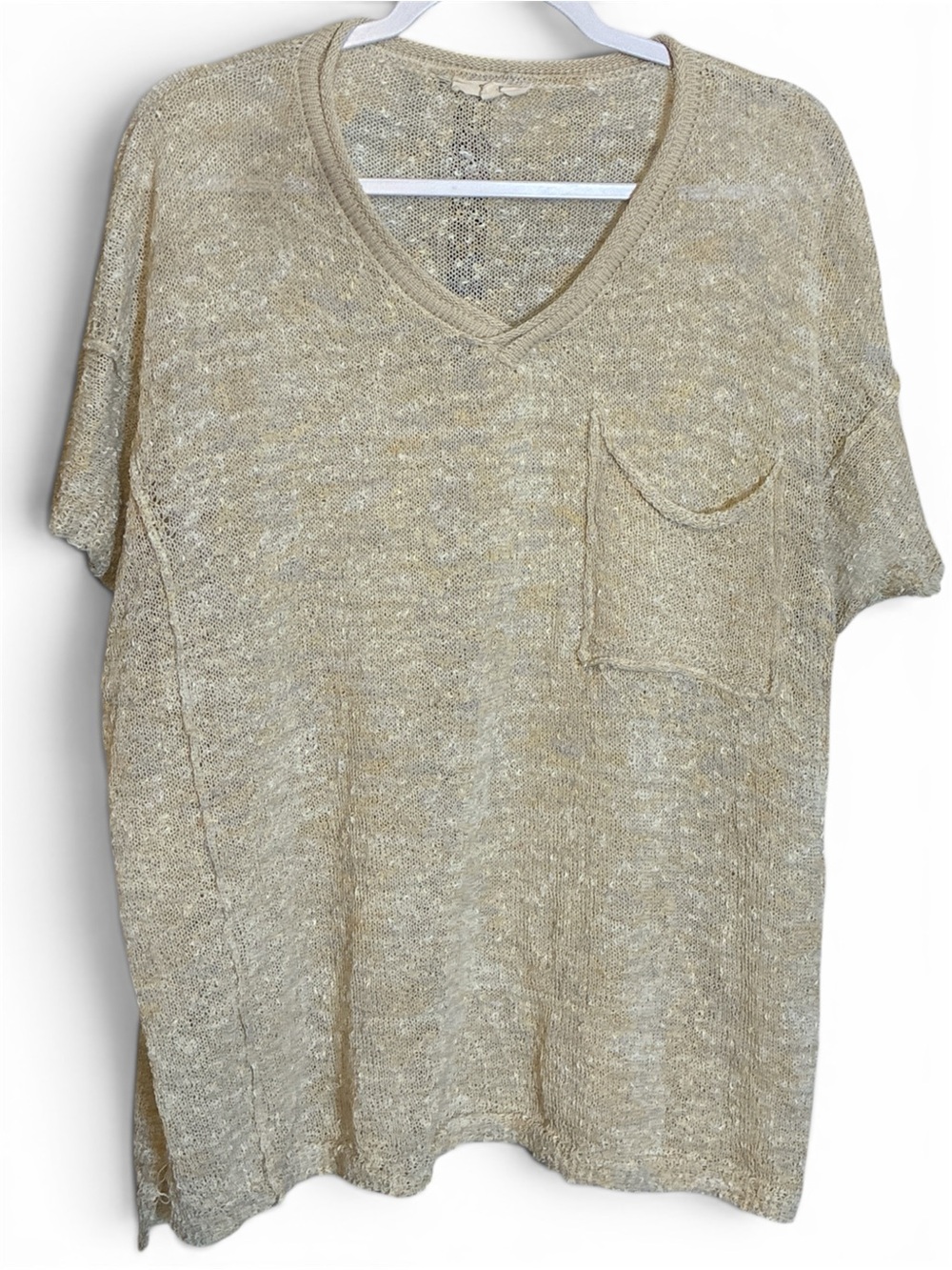 Easel Distressed Beachy V-Neck Pocket Open Knit Top‎ Large